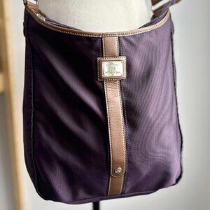 Lancel Paris Deep Plum Nylon Crossbody Bag with Saddle Brown Leather Trim – OS